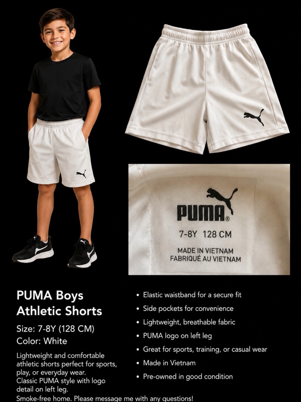 Puma White Boys Athletic Shorts with Black Logo